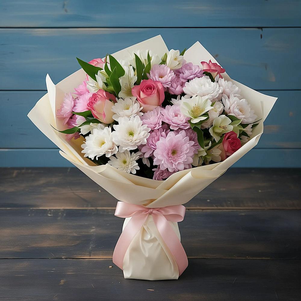 Букет цветов из: Хризантемы, Альстромерии и Розы в Чите